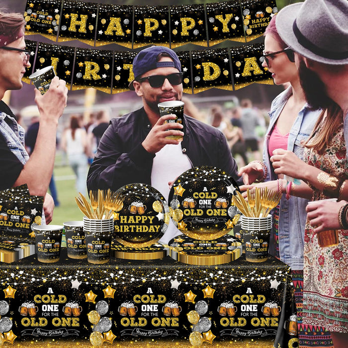 142Pcs Beer Birthday Decorations for Men A Cold One for The Old One Birthday Decorations with Plates Napkins Cups Tablecloth and Banner Black and Gold Party Decorations for 20th 30th 40th 50th