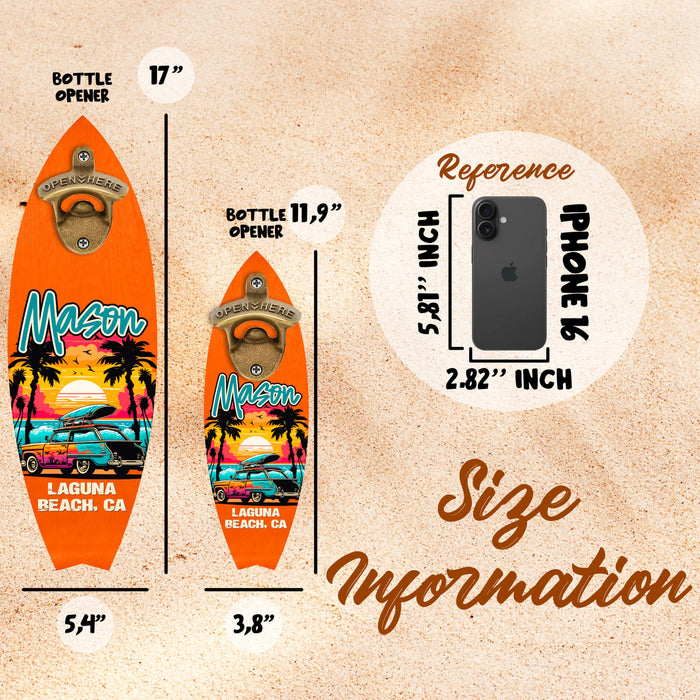 Personalized Wooden Surfboard Bottle Opener Wall Mount with Name & Beach – Custom Retro Bar Decor for Beach House, Summer Party, Housewarming, Father's Day Gift, Man Cave, Cabin or Outdoor Patio