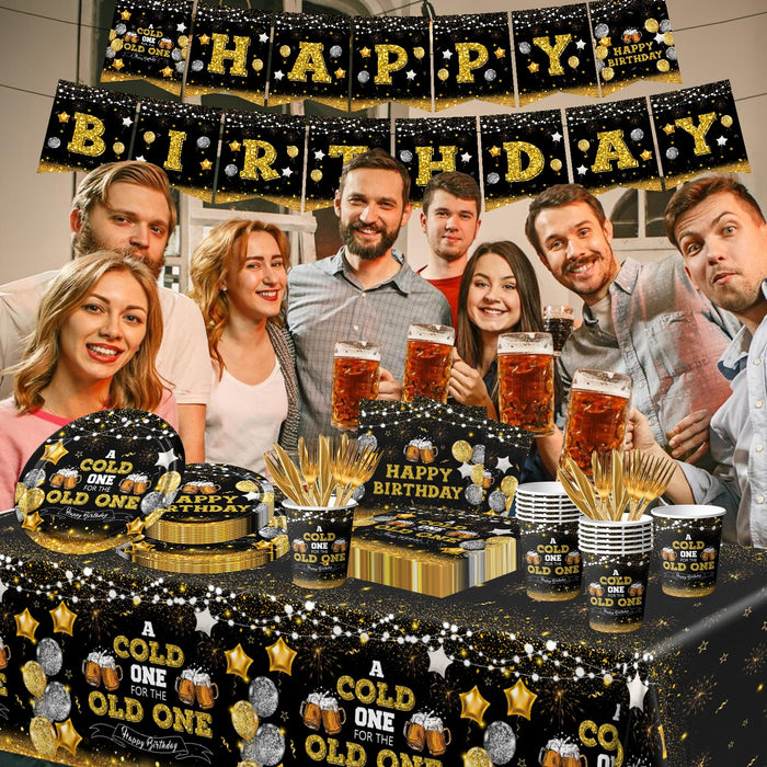 142Pcs Beer Birthday Decorations for Men A Cold One for The Old One Birthday Decorations with Plates Napkins Cups Tablecloth and Banner Black and Gold Party Decorations for 20th 30th 40th 50th