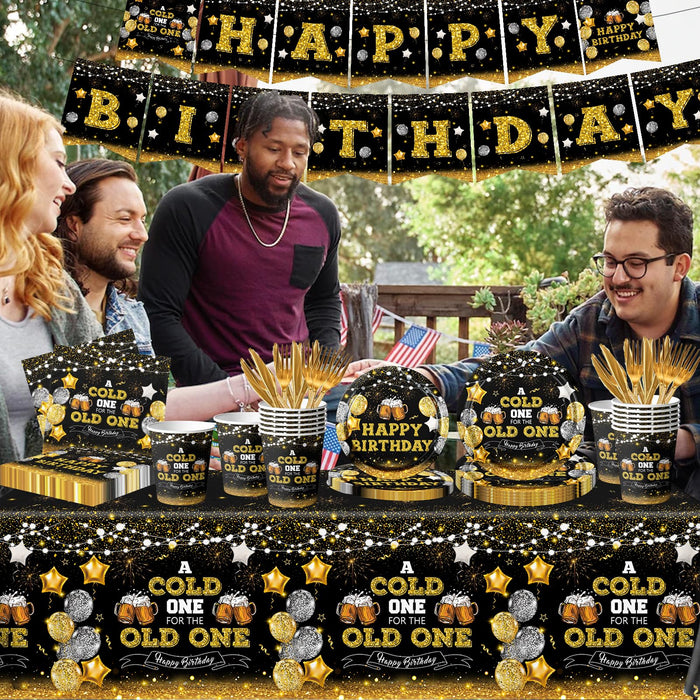 142Pcs Beer Birthday Decorations for Men A Cold One for The Old One Birthday Decorations with Plates Napkins Cups Tablecloth and Banner Black and Gold Party Decorations for 20th 30th 40th 50th