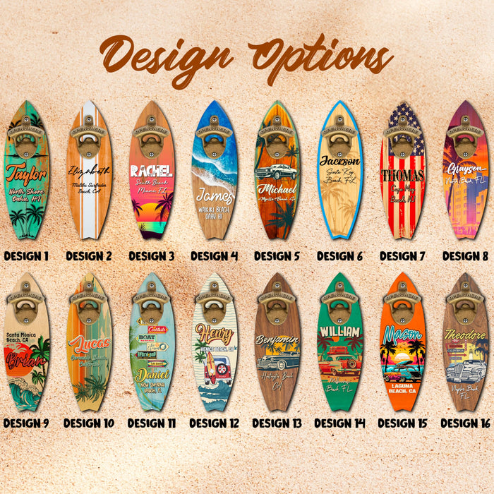Personalized Wooden Surfboard Bottle Opener Wall Mount with Name & Beach – Custom Retro Bar Decor for Beach House, Summer Party, Housewarming, Father's Day Gift, Man Cave, Cabin or Outdoor Patio
