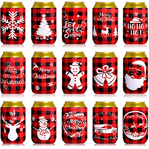 15 Pieces Christmas Beer Can Coolers Sleeves, Red Black Plaid Xmas Holiday Beverages Can Neoprene Coolers Insulated Covers for Winter Christmas Party Decorations Supplies - The Beer Connoisseur® Store