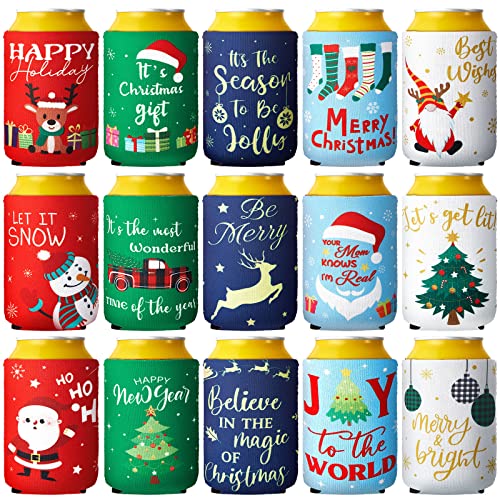 15 Pieces Christmas Neoprene Can Cooler Sleeves Xmas Holiday Can Insulated Covers Christmas Neoprene Bottle Sleeve Christmas Party Supplies for 12 oz Canned Beverages Drink Soda (5 x 4 Inch) - The Beer Connoisseur® Store