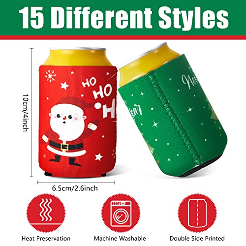 15 Pieces Christmas Neoprene Can Cooler Sleeves Xmas Holiday Can Insulated Covers Christmas Neoprene Bottle Sleeve Christmas Party Supplies for 12 oz Canned Beverages Drink Soda (5 x 4 Inch) - The Beer Connoisseur® Store