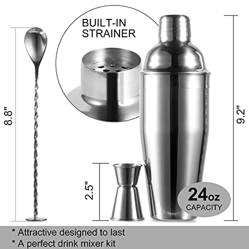 24oz Cocktail Shaker Bar Set - Professional Margarita Mixer Drink Shaker and Measuring Jigger & Mixing Spoon Set - Professional Stainless Steel Bar Tools Built-in Bartender Strainer for Martini Kit - The Beer Connoisseur® Store