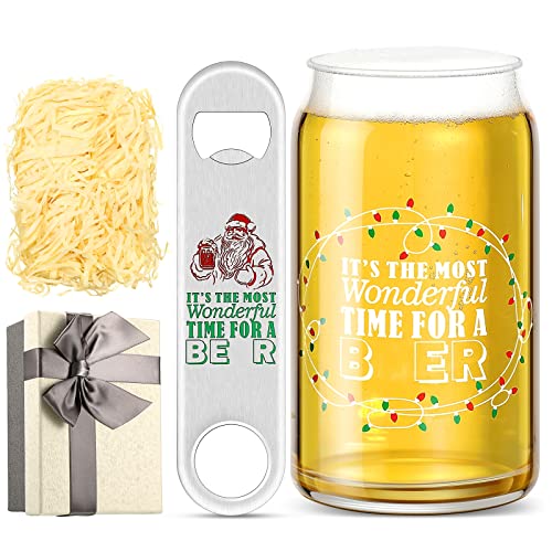 4 Pcs Can Glass Funny Christmas Cups Present for Women Men It's The Most Wonderful Time to a Drink Glasses Stainless Steel Bottle Opener Clear Mugs with Gift Box and Raffia - The Beer Connoisseur® Store