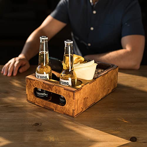 Wood Beer Box - Gift for Beer Lovers, Dad, Man, Him, Father - Drink Box Snacks Tray- Table Stand Caddy with slots for glasses, chips, nuts- Couch Organizer for Beverages, Remote Control, Phone stand
