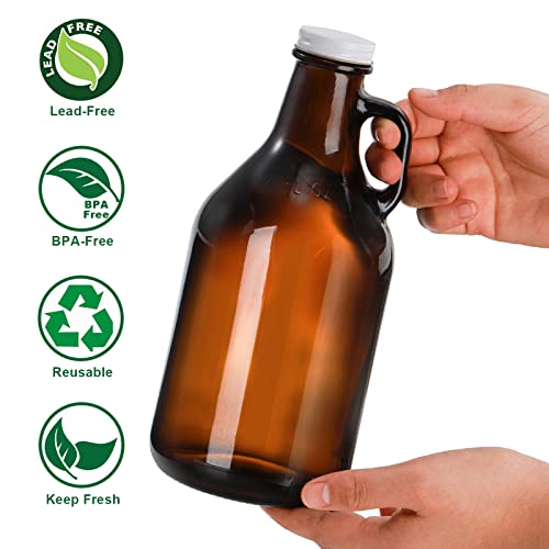 ZEAYEA 3 Pack Glass Growler, 32 oz Amber Glass Jug with Lids and Handle, Great for Beer, Home Brewing, Kombucha, Cider, Soda, Distilled Water