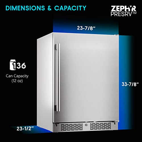Zephyr Presrv Series 24 Inch Stainless Steel Freestanding or Built In Beverage Center 13 bottles, 84 12 oz cans (Single Zone Beverage Cooler - Outdoor)