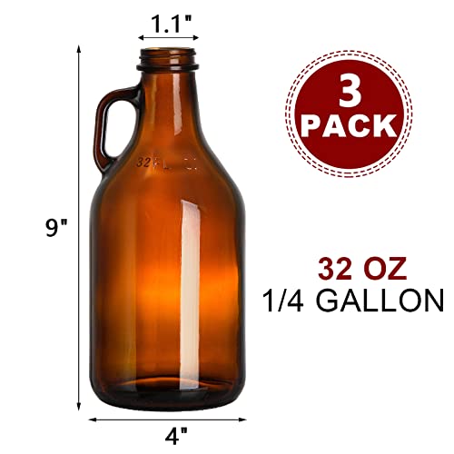 ZEAYEA 3 Pack Glass Growler, 32 oz Amber Glass Jug with Lids and Handle, Great for Beer, Home Brewing, Kombucha, Cider, Soda, Distilled Water