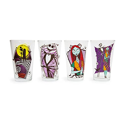 Disney The Nightmare Before Christmas Jack & Sally 16-Ounce Pint Glasses, Set of 4 | Traditional Beer Mug Glassware For Liquor, Beverages, Pub Drinks | Home Barware Decor, Kitchen Essentials