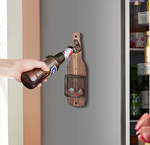 SODUKU Vintage Wooden Wall Mounted Bottle Opener with Cap Catcher for Beer Lovers