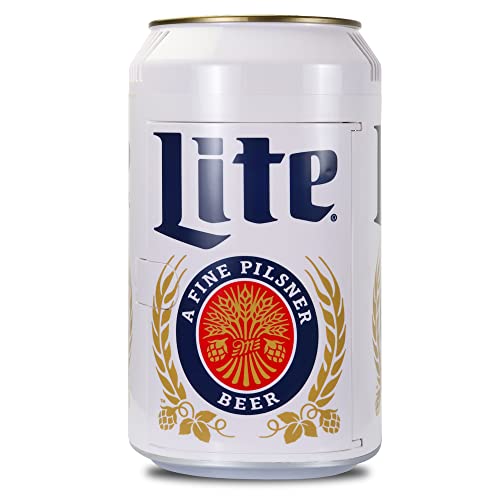 Miller Lite 8 Can Portable Mini Fridge w/ 12V DC and 110V AC Cords, 5.4L (5.7 qt) Beer Can Shaped Personal Cooler, White, Travel Fridge for Beer, Snacks, Lunch, Drinks, Home, Office, Bar, Dorm, RV