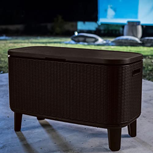 Keter Bevy Bar Indoor Outdoor 17 Gallon 2 in 1 Beverage and Snack Station Pop Up Side Table Bar Cart, Beer and Wine Cooler Storage, Rattan Brown