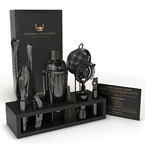 Highball & Chaser 13-Piece Cobbler Cocktail Shaker Set: Black Polished Stainless Steel Bartender Kit for Home Bar Cocktail Set | Laser Engraved Cocktail Tools | Plus E-Book with 30 Cocktail Recipes
