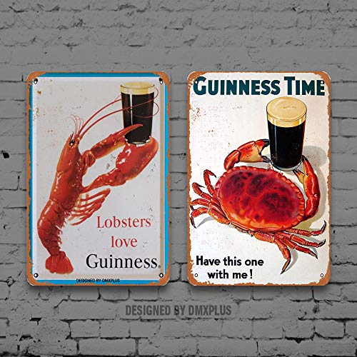 Puernash Set of 2 Tin Signs 8 x 12 inches - Lobsters Love Guinness Vintage Look Metal Sign Wall Decoration Home Decor