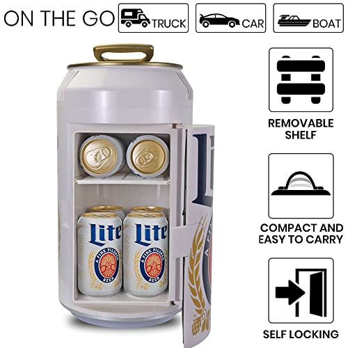 Miller Lite 8 Can Portable Mini Fridge w/ 12V DC and 110V AC Cords, 5.4L (5.7 qt) Beer Can Shaped Personal Cooler, White, Travel Fridge for Beer, Snacks, Lunch, Drinks, Home, Office, Bar, Dorm, RV