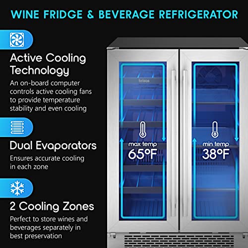 Zephyr Brisas 24 Inch (Dual Zone Wine and Beverage Cooler)Fashionable French doors make it easy to grab what you need, and PreciseTemp™ temperature control, Active Cooling Technology for even cooling and a Vibration Dampening System are cutting-edge featu