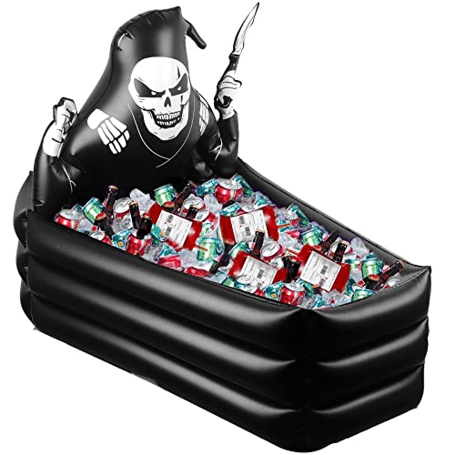 44 Inch Inflatable Grim Reaper Coffin Cooler Halloween Party Supplies 120+ Cans Large Capacity Inflatable Drink Holder for Indoor Outdoor Home Halloween Birthday Party Decorations
