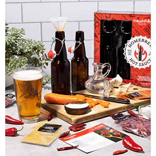 Thoughtfully Gourmet, Make Your Own Beer Infused Hot Sauce DIY Gift Set, Includes 3 Glass Bottles, Recipe Book, Gloves, 2 Funnels, Peppers, Spices and Seasonings (Contains NO Alcohol)