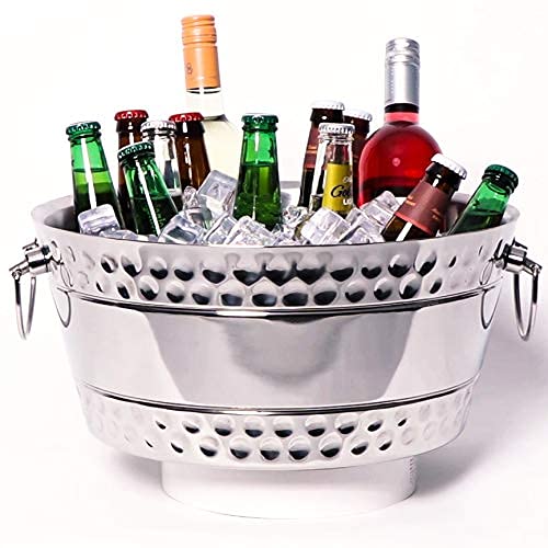 BREKX Hammered Stainless-Steel Beverage Tub, Double-Walled Insulated Anchored Bolt Drink Tub & Ice Bucket with Double-Hinged Handles, Drink Chiller for Parties/Wedding Gifts