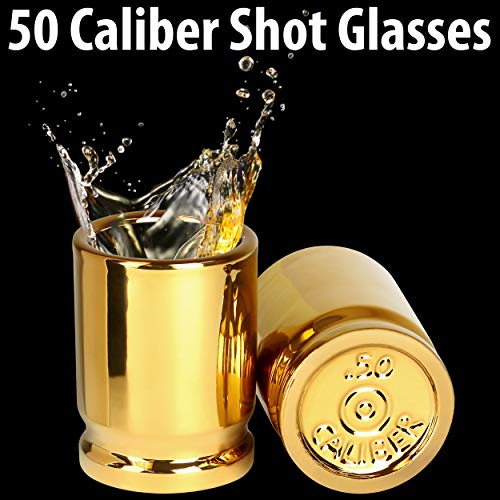 Barbuzzo 50 Cal Shot Glasses Set Of 2 - Ceramic Bullet Casings Design - 2 Ounce Novelty Drinking Glasses For Mancave