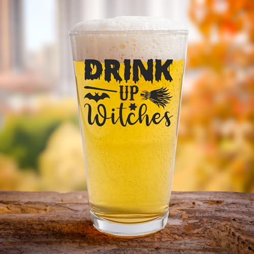 16oz hilarious halloween pint glass, halloween beer glass, halloween decorations indoor, cute halloween decor, fall centerpieces, spooky autumn glassware, screen printed black (Drink Up Witches)