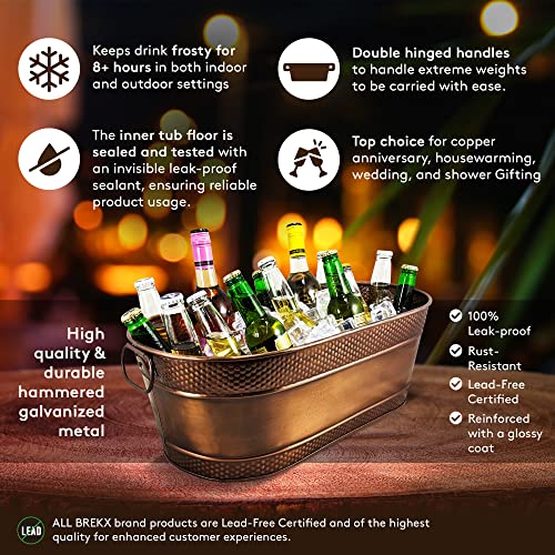BREKX Colt Hammered Copper-Finish Galvanized Beverage Tub, Ice and Drink Bucket with Handles for Parties, 15 Quarts