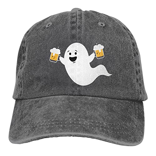 Funny Ghost with Beer Halloween Unisex Vintage Washed Distressed Denim Baseball Cap Adjustable Cotton Baseball Hat for Men Women