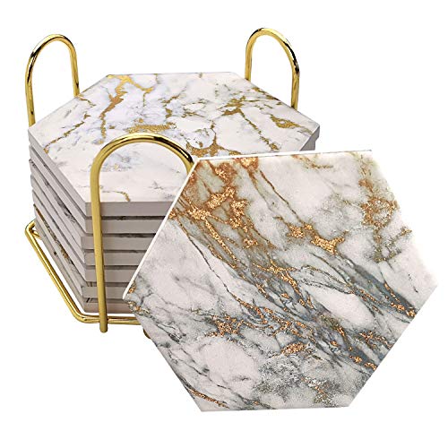 8 Pcs Drink Coasters with Metal Holder Stand, Marble Design Ceramic Coaster Set, Cork Base, for Tabletop Protection, Home Decor, Bar Coasters (Golden)