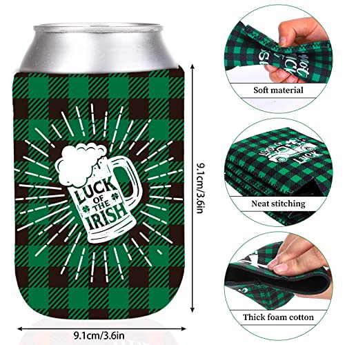 Whaline 10Pcs St. Patrick's Day Can Sleeves Green Black Buffalo Plaid Can Covers Lucky Shamrock Beer White Prints Neoprene Thermocoolers for Beverages Bottles Cans Decor Irish Party Favor Supplies