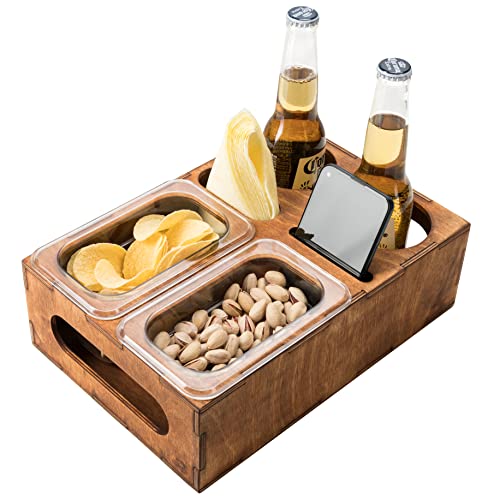 Wood Beer Box - Gift for Beer Lovers, Dad, Man, Him, Father - Drink Box Snacks Tray- Table Stand Caddy with slots for glasses, chips, nuts- Couch Organizer for Beverages, Remote Control, Phone stand