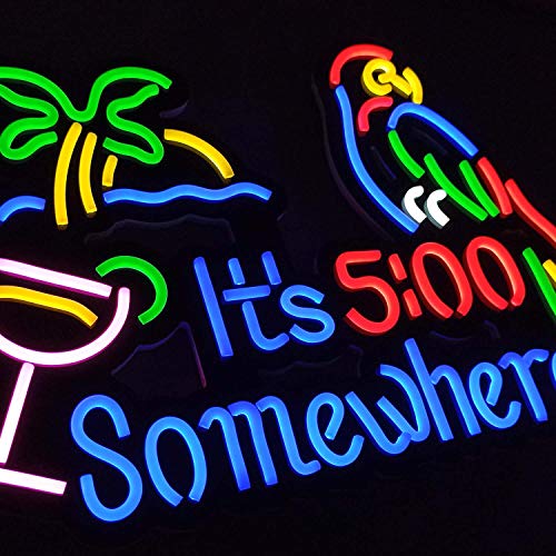 It's 5:00 Some Where & Parrot LED Neon Sign Art Wall Lights for Beer Bar Club Bedroom Windows Glass Hotel Pub Cafe Wedding Birthday Party Gifts