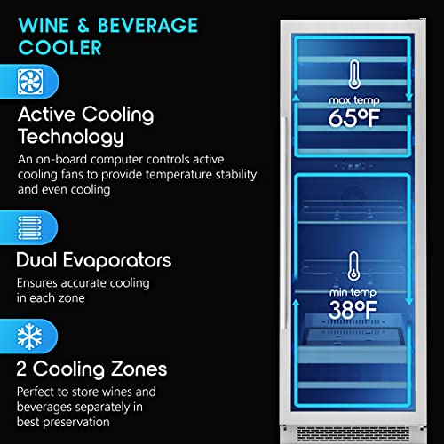 Zephyr 24'' Wine Fridge & Beverage Refrigerator Dual Zone Full Size - Wine Cooler Cellars Large Beer Cabinet Drink Chiller Freestanding with French Glass Door - 49 cans, 112x12oz & 59x750 ml bottles