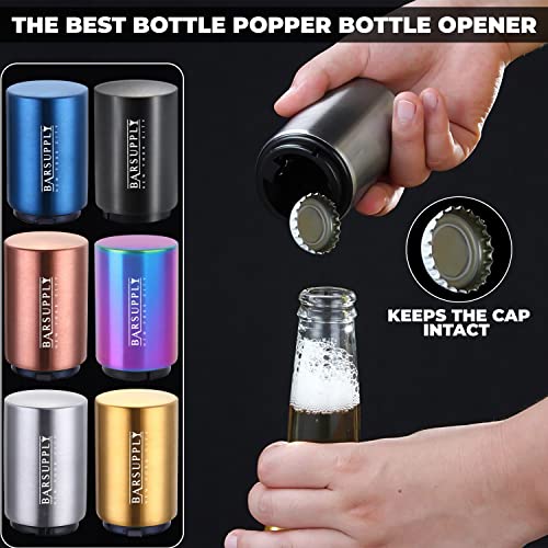 2-Pack Beer Bottle Opener | Push Down and Pop Off Bottle Opener | Automatic Beer Top Popper | Magnetic Cap Catcher | Stainless Steel | Glass Soda Bottle Decapitator | Fun to Use | Set of 2