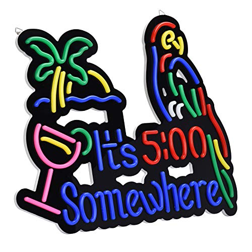 It's 5:00 Some Where & Parrot LED Neon Sign Art Wall Lights for Beer Bar Club Bedroom Windows Glass Hotel Pub Cafe Wedding Birthday Party Gifts