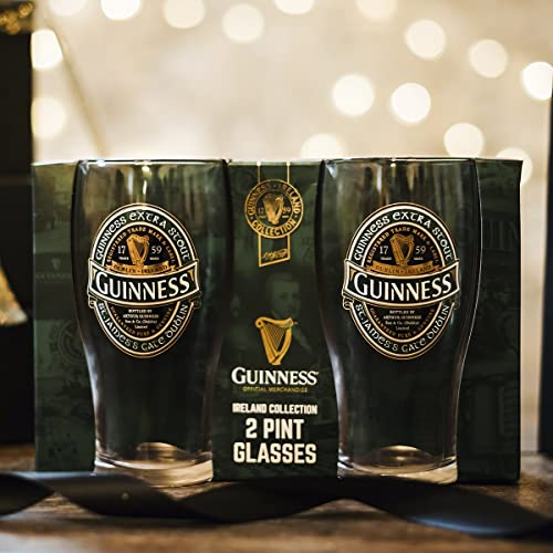 Guinness Stout Beer Glass Green Ireland Collection Twin Pack | Official Merchandise Pint Glasses Set of 2 | Perfect Irish gifts for Beer Lovers