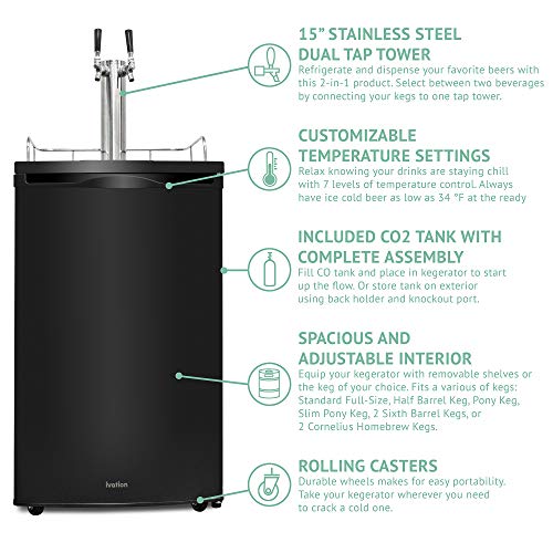 Ivation Full Size Kegerator | Dual Tap Draft Beer Dispenser & Universal Beverage Cooler | Mounted CO2 Cylinder, Temperature Control, Drip Tray & Rail | Fits 1/2 Keg, 1/4 Pony Keg, (2) 1/6 Kegs (Black)