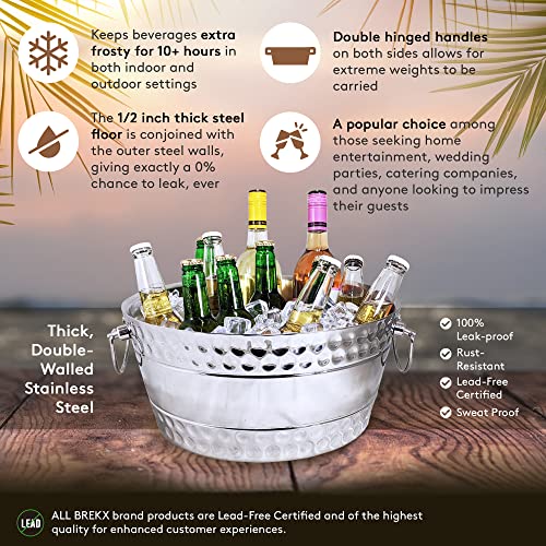 BREKX Hammered Stainless-Steel Beverage Tub, Double-Walled Insulated Anchored Bolt Drink Tub & Ice Bucket with Double-Hinged Handles, Drink Chiller for Parties/Wedding Gifts