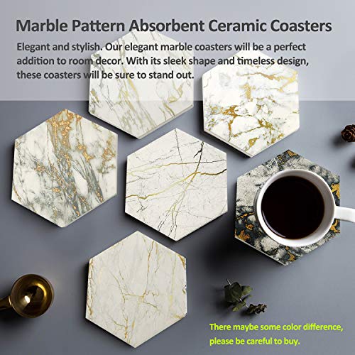 8 Pcs Drink Coasters with Metal Holder Stand, Marble Design Ceramic Coaster Set, Cork Base, for Tabletop Protection, Home Decor, Bar Coasters (Golden)
