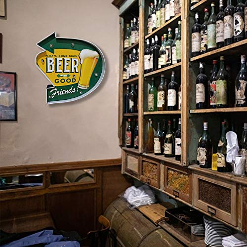 Bar Light Up Signs, Arikit Metal Wall Decorations, Retro Tin Vintage Decor Signs, Handmade Wall Art Hanging Design Light Up Sign, for Cafe, Bar, Home, Kitchen, Living Room-Battery Operated (BEER-A)