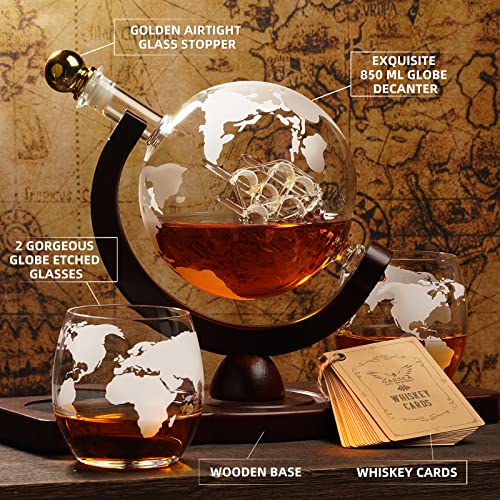 Father's Day Gifts for Men Dad, Unique Anniversary Birthday Gift for Him Husband Boyfriend Groomsmen, Globe Decanter Set with 2 Glasses, Wedding Bourbon Liquor Scotch Cool Stuff Presents for Brother
