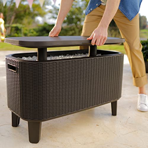 Keter Bevy Bar Indoor Outdoor 17 Gallon 2 in 1 Beverage and Snack Station Pop Up Side Table Bar Cart, Beer and Wine Cooler Storage, Rattan Brown