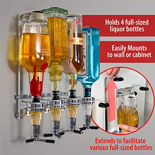 Wyndham House Liquor Dispenser - 4-Bottle Drinks, Alcohol Station - Wall-Mounted Cocktail Tap, Push-Release Valves, Rubber Suction Cups, Home Bar, Man Cave, Bartender Accessories