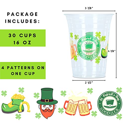 16 oz St Patrick’s Day Plastic Cups, Happy St Patrick’s Day Disposable Clear Plastic Cups Party Decoration, Lucky Shamrock Party Supply Drinkware for Beer/Beverage/Ice Cream/Juice/Snacks, 30 Count