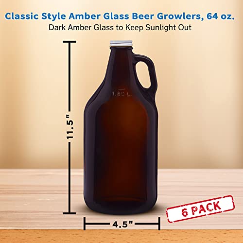 6 Amber Glass Beer Growlers Set, 64 oz. - Screw on Lid, Sturdy, Barware - Amber - The Beer Connoisseur® Store
