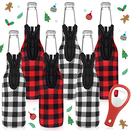 6 Pcs Christmas Plaid Beer Bottle Sleeves Neoprene Plaid Bottle Covers Slim Bottle Holder with Zipper Christmas Bottle Cover Insulated Bottle Coolers Bottle Opener for Beverage, 12 oz (Plaid) - The Beer Connoisseur® Store