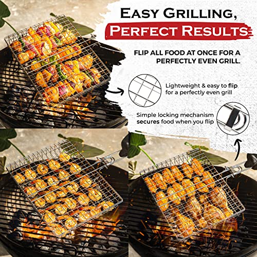 SHIZZO Grill Basket Value Set, Barbecue BBQ Grilling Basket , Stainless Steel Large Folding Grilling baskets With Handle, Portable Outdoor Camping BBQ Rack for Fish, Shrimp, Vegetables, Barbeque Griller Cooking Accessories, Gift, Gifts for father, dad, hu