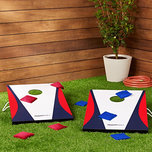 Amazon Basics Wooden Cornhole Outdoor Lawn Game Set, Blue,Red