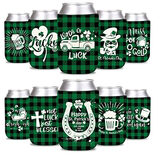 Whaline 10Pcs St. Patrick's Day Can Sleeves Green Black Buffalo Plaid Can Covers Lucky Shamrock Beer White Prints Neoprene Thermocoolers for Beverages Bottles Cans Decor Irish Party Favor Supplies